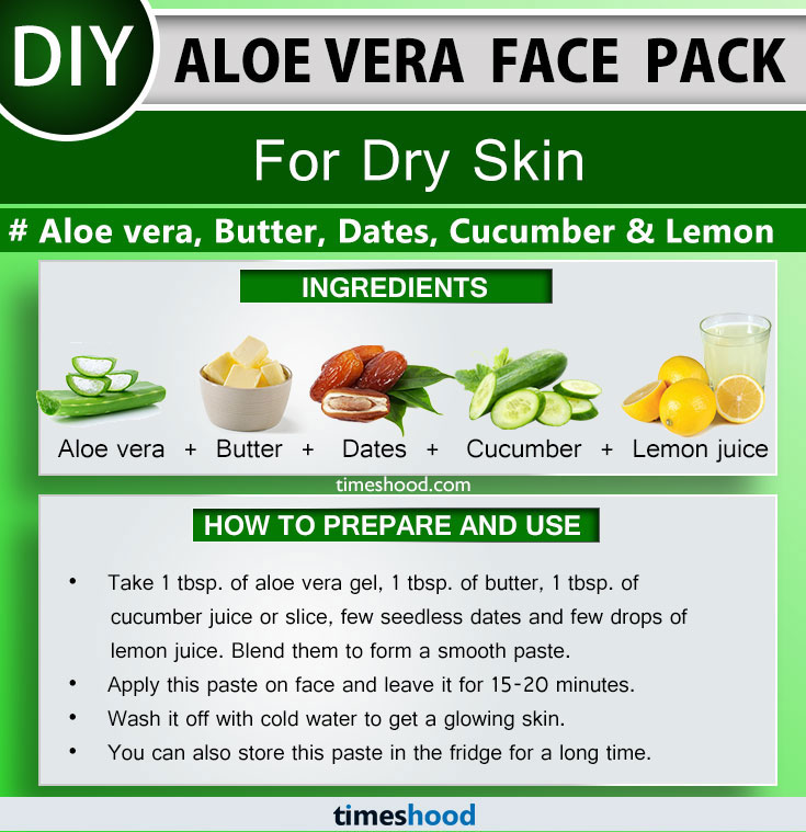 Aloe Vera Face Pack for Dry Skin. Aloe vera, Butter, Dates, Cucumber, Lemon juice face pack remedy. Aloe vera uses for skin face masks. 15 Aloe vera for skin care remedy on Timeshood.com