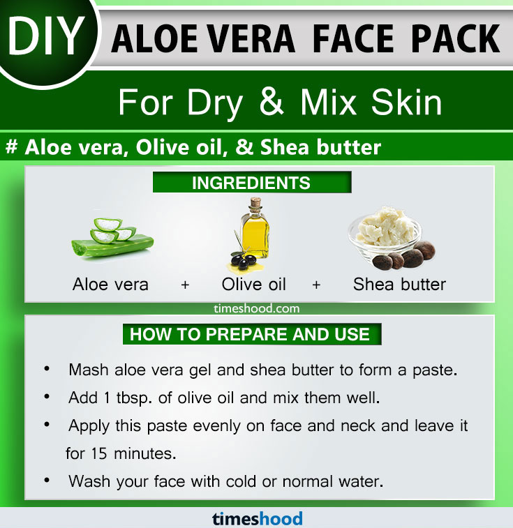 Aloe Vera Face Pack for Dry and Mix Skin. Aloe vera, Olive oil, and Shea butter face mask remedy.  15 Use of Aloe vera for skin diy remedy on Timeshood.com