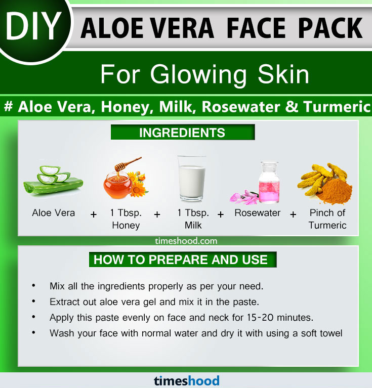 Aloe Vera Face Pack for Glowing Skin. Aloe Vera, Honey, Milk, Rosewater, and Turmeric face mask. Aloe vera face mask diy. Check out 15 Aloe vera face pack. Aloe vera uses for skin face masks.  Via Timeshood.com