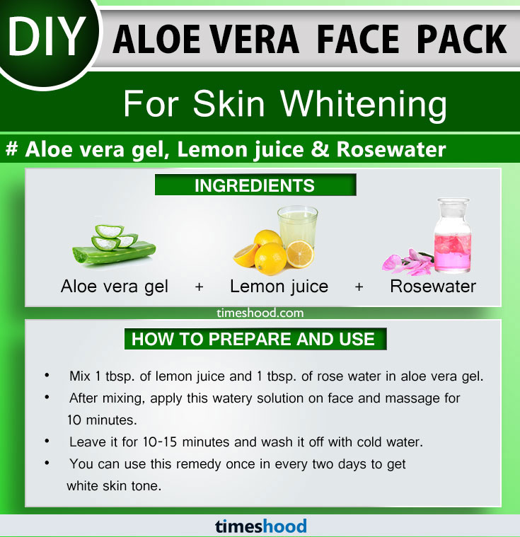 Aloe Vera Face Pack for Skin Whitening. Aloe vera gel, Lemon juice, Rosewater face mask remedy. Aloe vera uses for skin face masks. Aloe vera face mask diy. Check out 15 more aloe vera face pack on Timeshood.com