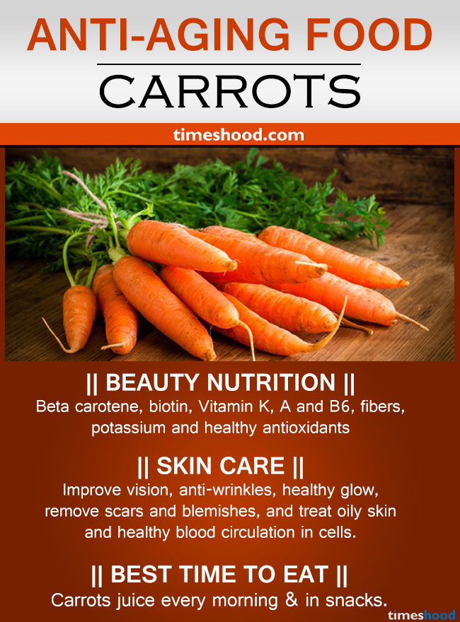 Carrots for anti-aging. Rich in beta-carotene and biotin vitamins. Best anti-wrinkles food for glowing skin.