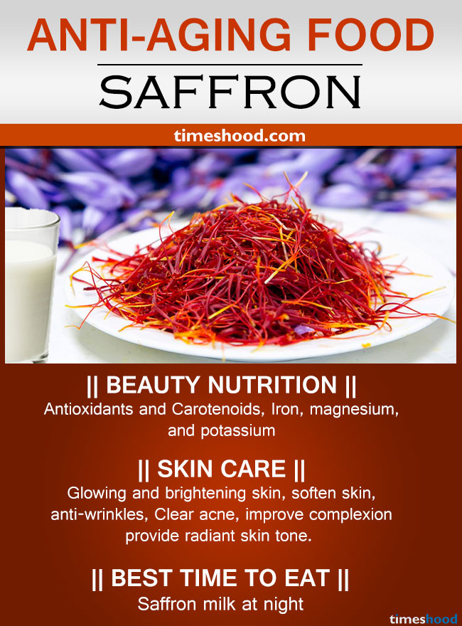 Saffron in anti-aging diet. Good for soften skin & anti-wrinkles. Anti-aging foods and drinks for glowing skin.
