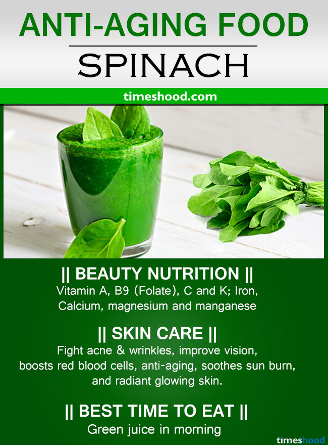 Spinach for anti-aging. How to slows aging to look younger? Best anti-aging diet for wrinkle free skin. Anti-aging foods and drinks.