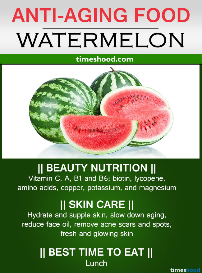 Watermelon for anti-aging. Best hydrating anti-aging fruit that slows aging. Anti-aging foods wrinkles free skin.