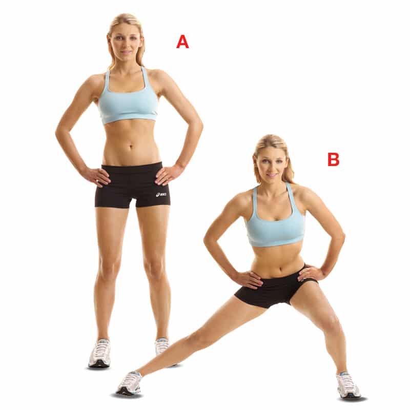 Side lunges exercise for slim thigh. Try this 30-day thigh slimming workouts. Get toned, firm and slim legs and thighs with this summer sexy body plan. 