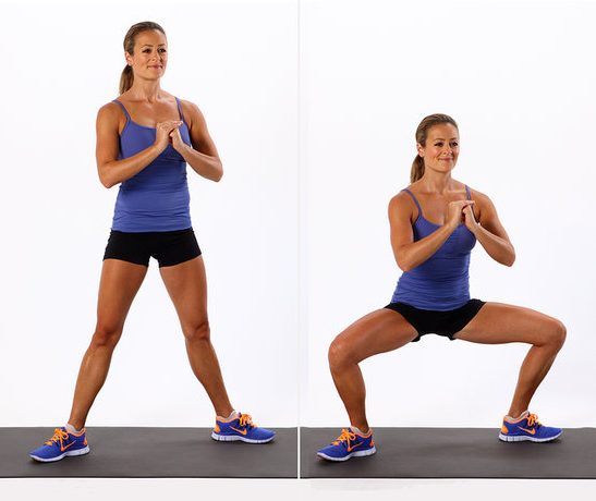 Sumo squat exercise for bigger lifted buttocks and sexy legs. Try this 30-day squat challenge for sexy booty and legs. Best lower body workouts for women. 
