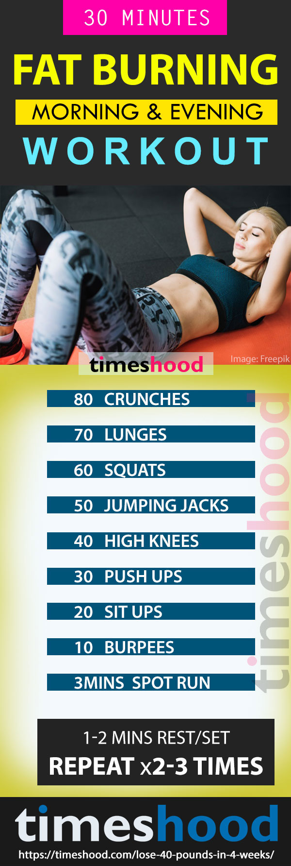 Fat Burning Workout: Morning Workout Plan for Weight loss. Best fat burning exercise for fast weight loss. HIIT Workout challenge. Lose up to 40 pounds in 4 weeks complete 24 hours weight loss guide to follow. Fastest way to lose weight in 4 weeks. 4 Week flat belly challenge to lose up to 40 pounds visit timeshood.com