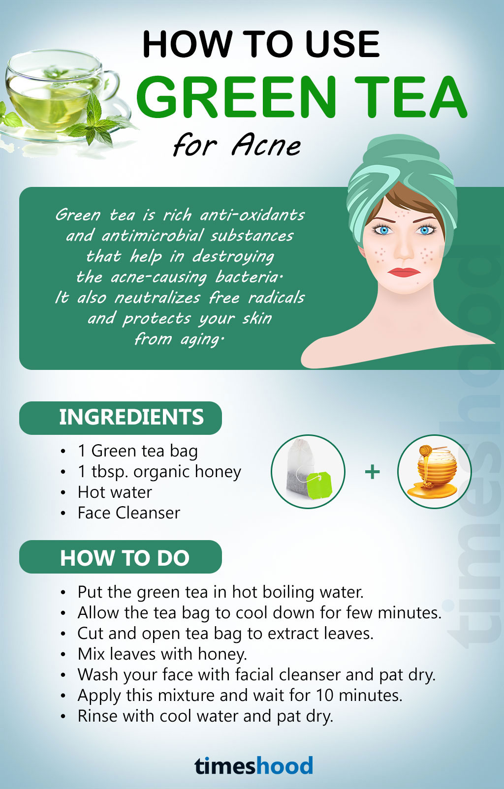 How to use green tea to get rid of acne and pimples. Try green tea leaves for acne. Effective home remedies for acne. Anti-acne remedies for face pimples. 