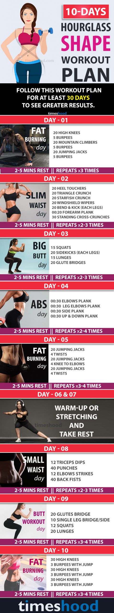 How to get an hourglass shape? 10 days workouts plan for an hourglass figures. Total body workouts for women.