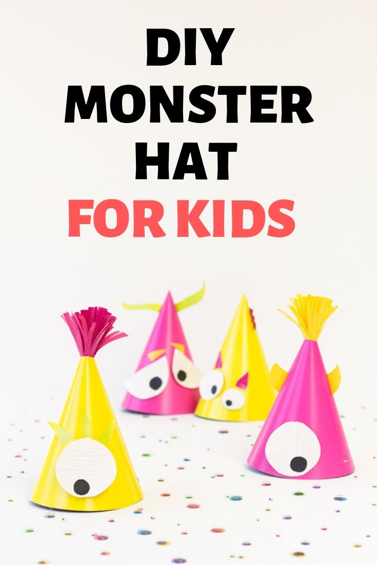 Cute DIY party monster hat for kids to wear on Halloween party. Halloween party decoration and crafts ideas for kids. Find more 15 easy Halloween craft ideas for kids. 