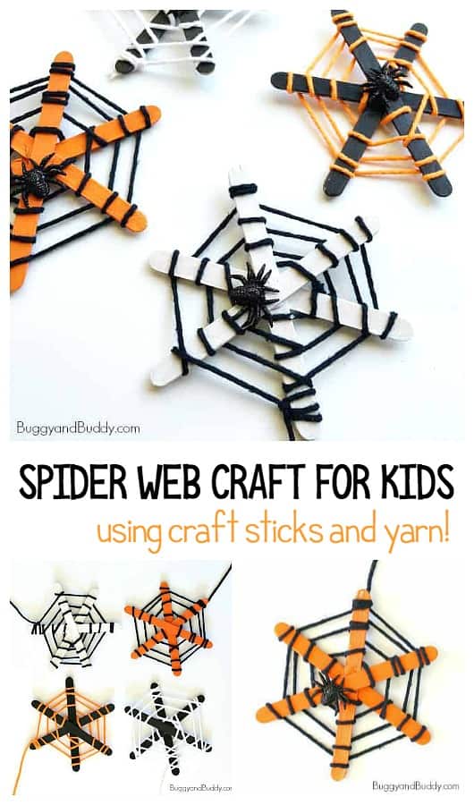 Spider web craft for kids. Try these fun and easy Halloween craft for kids that encourages fine motor skills practice made with Popsicle sticks and yarn. These are super simple to create and make great Halloween decorations for the home or classroom.