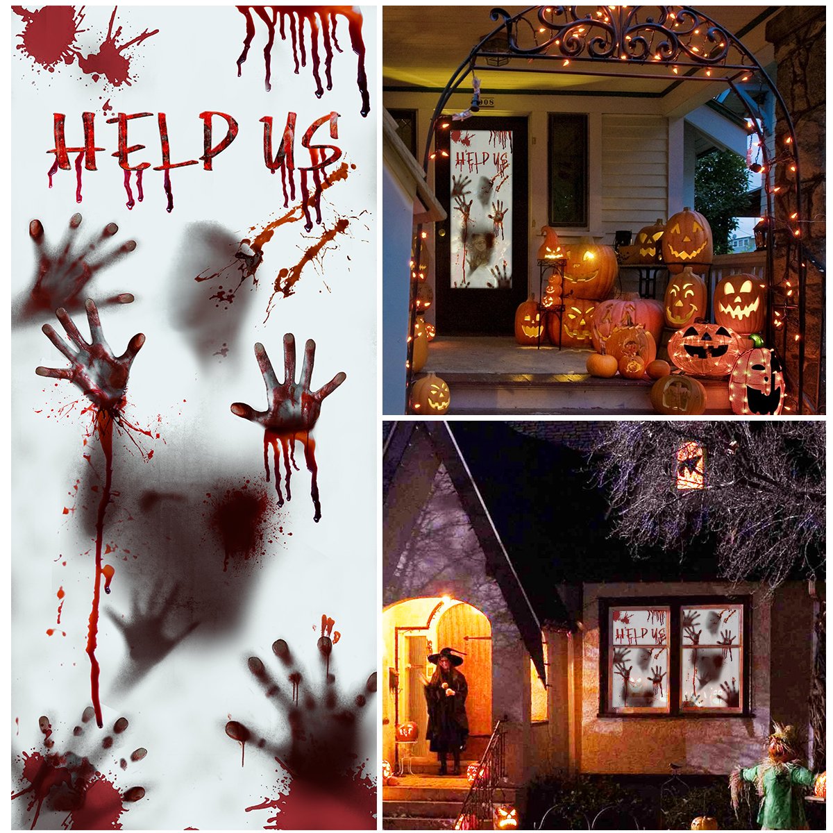Tape this bloody and creepy haunted door decoration cover to haut visitors. This bloody and scary handprints and a shadowy figure is perfect for spooky realistic 3D effects on glass door or window on backlighting. Get more Halloween door decorations from Amazon. 
