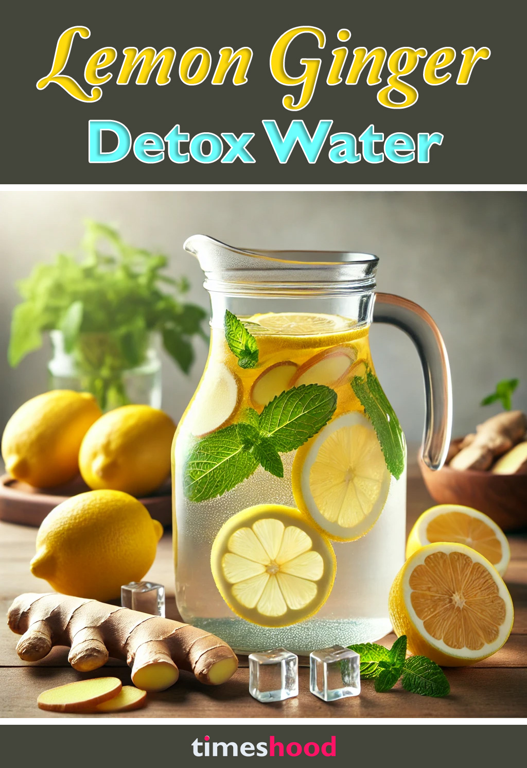 A glass pitcher filled with Lemon Ginger Detox Water, featuring thinly sliced lemons and ginger with ice cubes. Fresh lemons, ginger root, and sprigs of mint are arranged on a wooden countertop, evoking a sense of health and wellness.